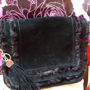 Tignanello Black Suede/Leather/ Fur Trimmed Large Crossbody